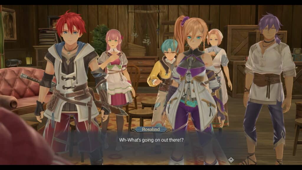 A group of characters in a wooden room, with one character, Rosalind, expressing concern. The background includes furniture and hints of a cozy setting.