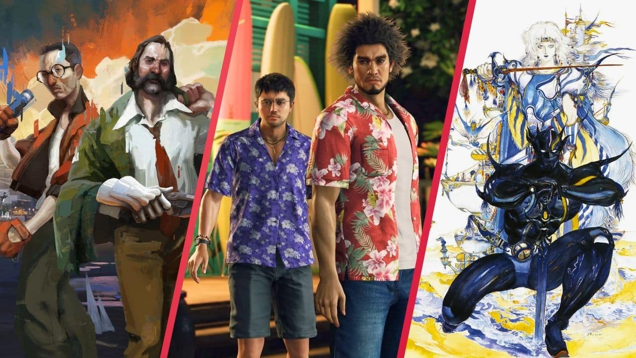 Three panels show characters from Disco Elysium, Like a Dragon, and Final Fantasy in distinct styles.