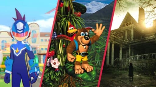 Three video game scenes: a futuristic hero, a cartoon bear in a jungle, and a person by a creepy house.