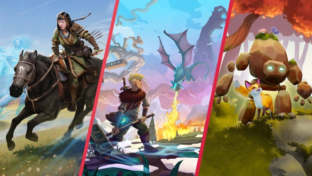 Fantasy scenes: a warrior on horseback, a hero facing a dragon, and a fox with a stone golem in a forest.
