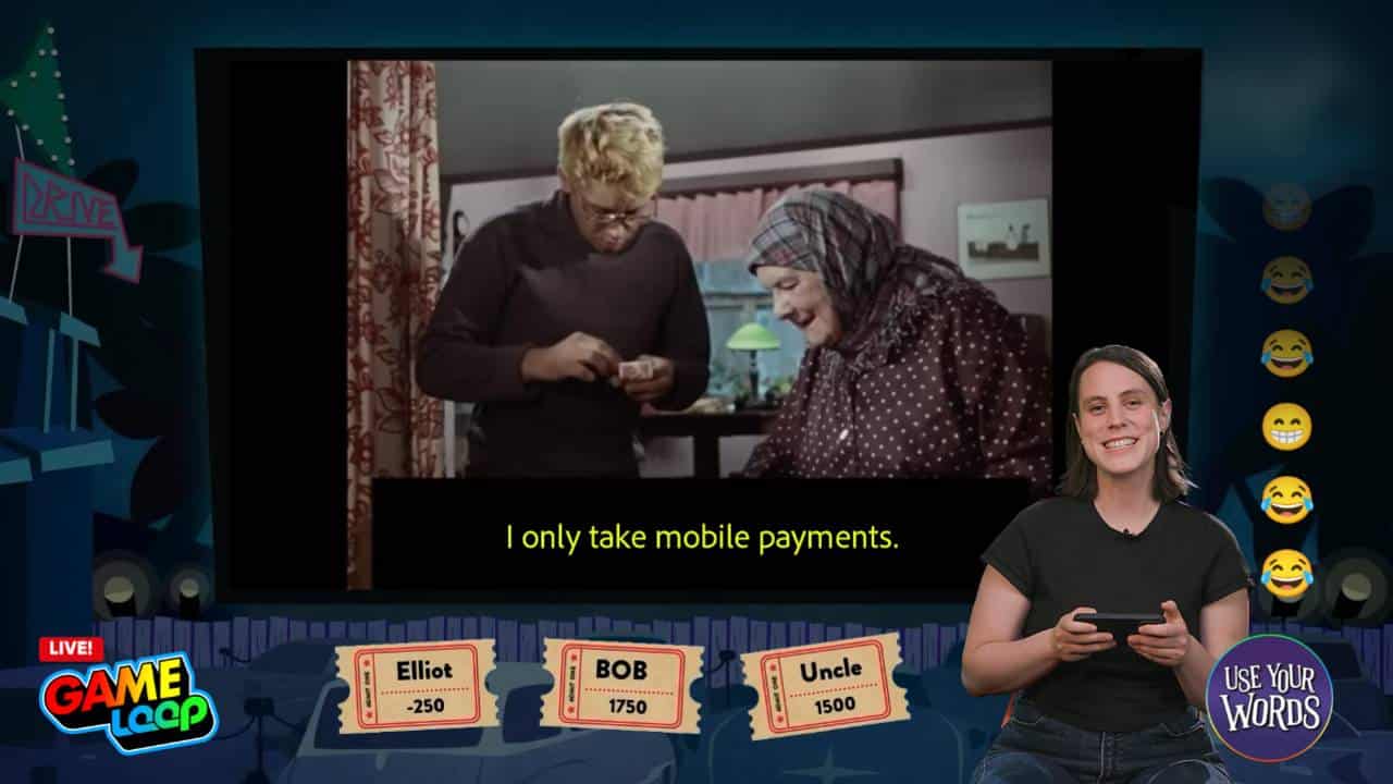 GAMELOOP LIVE! host appears beside a Use Your Words 2 round on Samsung Gaming Hub.