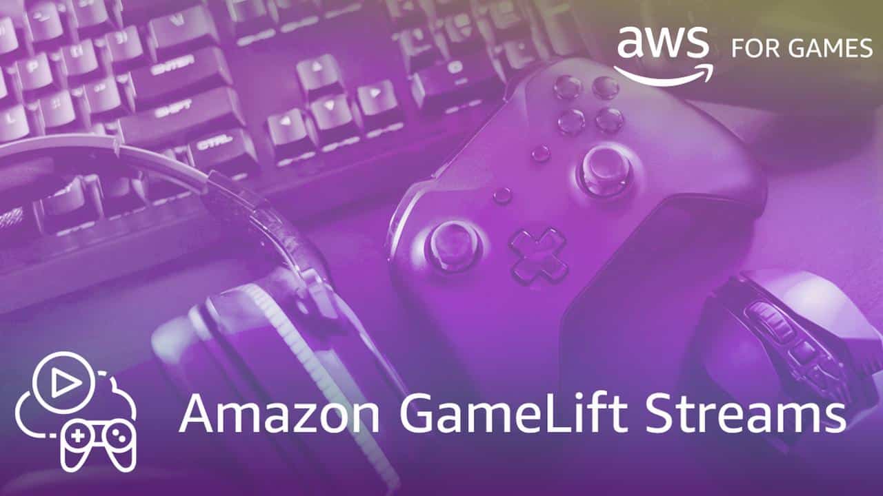 Close-up of gaming headset, controller, and mouse with "Amazon GameLift Streams" and "AWS for Games" text.