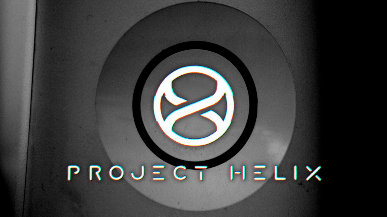 A circular symbol above the words "Project Helix" on a dark, textured background.