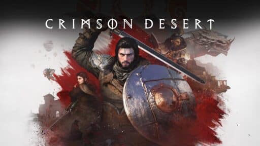 A warrior with a sword and shield stands ready beneath the bold "Crimson Desert" text, surrounded by legendary fantasy characters.