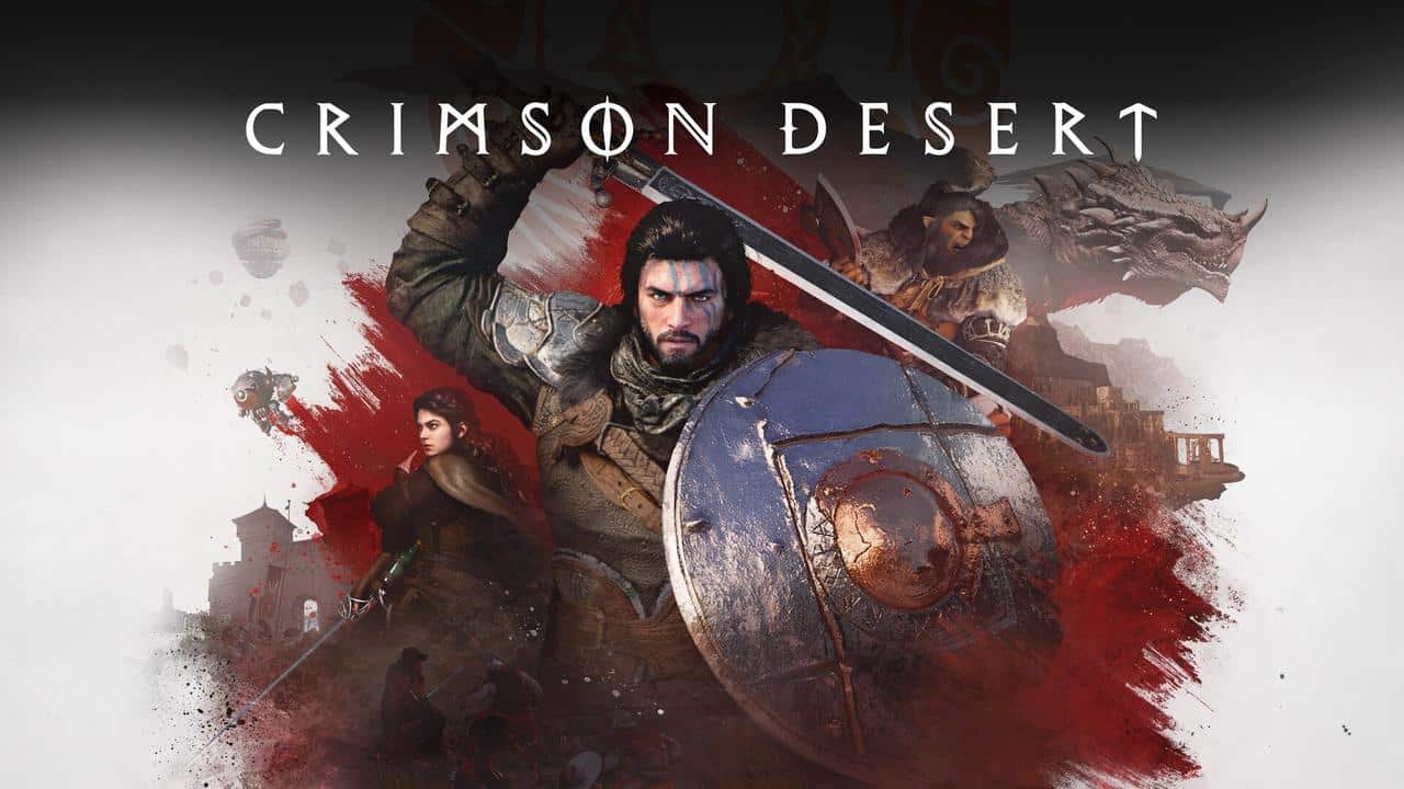 A warrior with a sword and shield stands ready beneath the bold "Crimson Desert" text, surrounded by legendary fantasy characters.