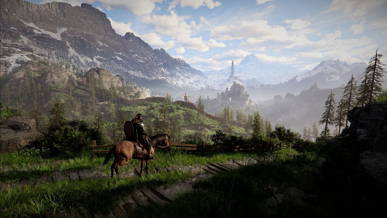 A person on horseback rides through a lush, mountainous landscape toward a distant castle beneath the clear blue sky of the Crimson Desert.