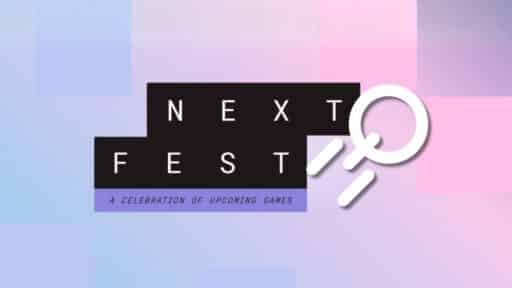 Next Fest: A Celebration of Upcoming Games, on a pastel background with a white icon.