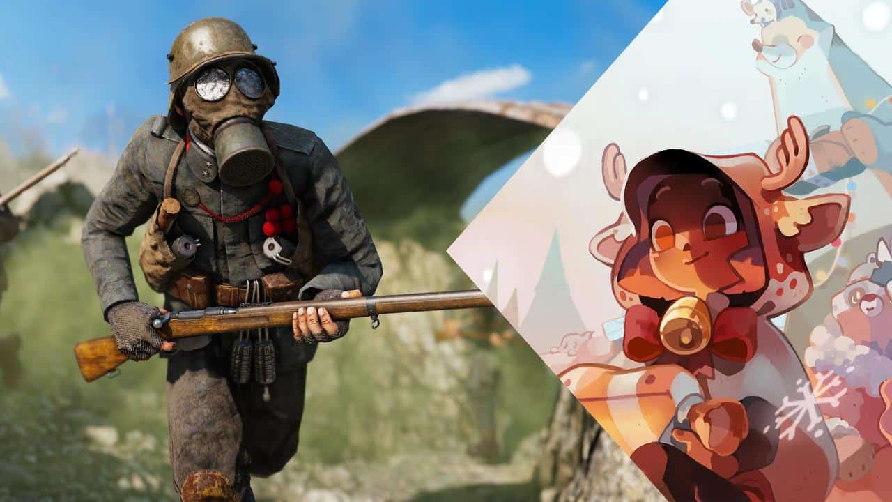 A soldier in a gas mask runs with a rifle; beside him is a cute cartoon reindeer character in winter attire.