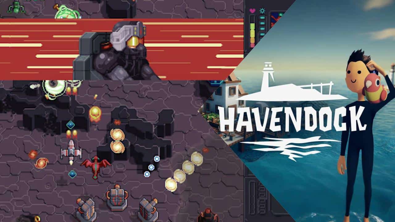 Split image: left features Hyper Echelon scene from the Epic Games Store free games this week, right displays the HavenDock logo with a cartoon person and parrot.