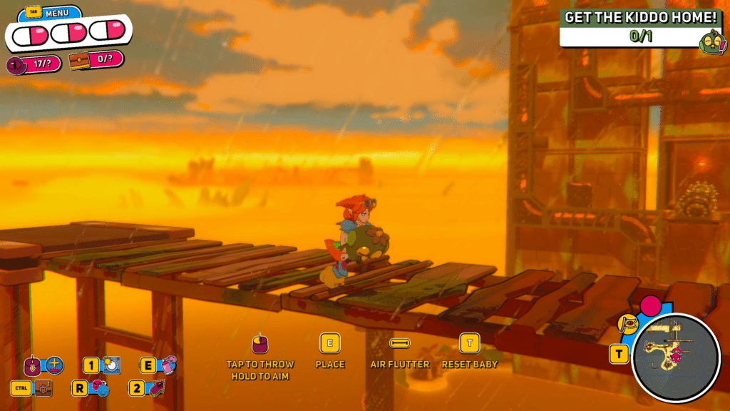 A colorful video game scene featuring a character on a wooden platform over a vibrant landscape with an orange sky, accompanied by on-screen instructions and icons.