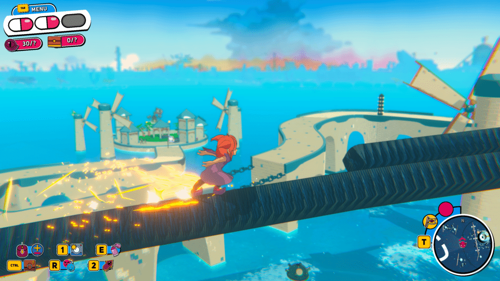 A character running on a beam over a vibrant ocean landscape with windmills and a distant city in the background. The scene is colorful and features a video game interface with health and inventory indicators.