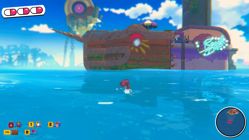 A character swimming in a colorful ocean with a whimsical floating building in the background, featuring vibrant designs and signage.