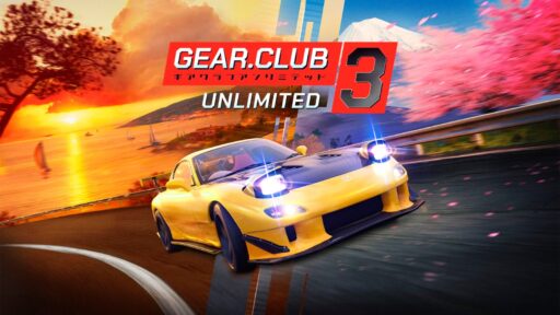 A yellow sports car racing on a scenic road with "Gear Club 3 Unlimited" game logo above it.