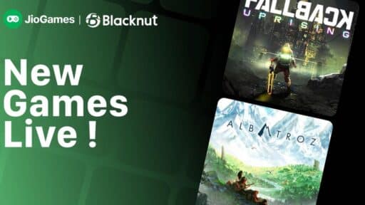 JioGames Blacknut banner with “New Games Live!” and covers for Fallback Uprising and Albatroz.