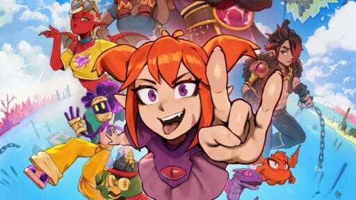 Animated girl with orange hair makes a rock hand sign, surrounded by colorful fantasy characters and creatures.