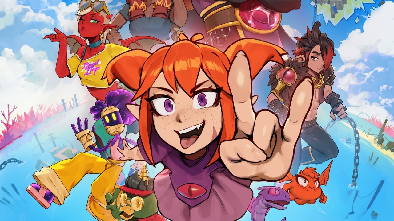 Animated girl with orange hair makes a rock hand sign, surrounded by colorful fantasy characters and creatures.