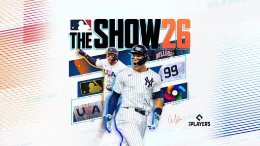 Cover art for MLB The Show 26 video game featuring two baseball players and various team logos. Experience the excitement of MLB The Show 26 as iconic athletes and official logos take center stage on this dynamic cover.