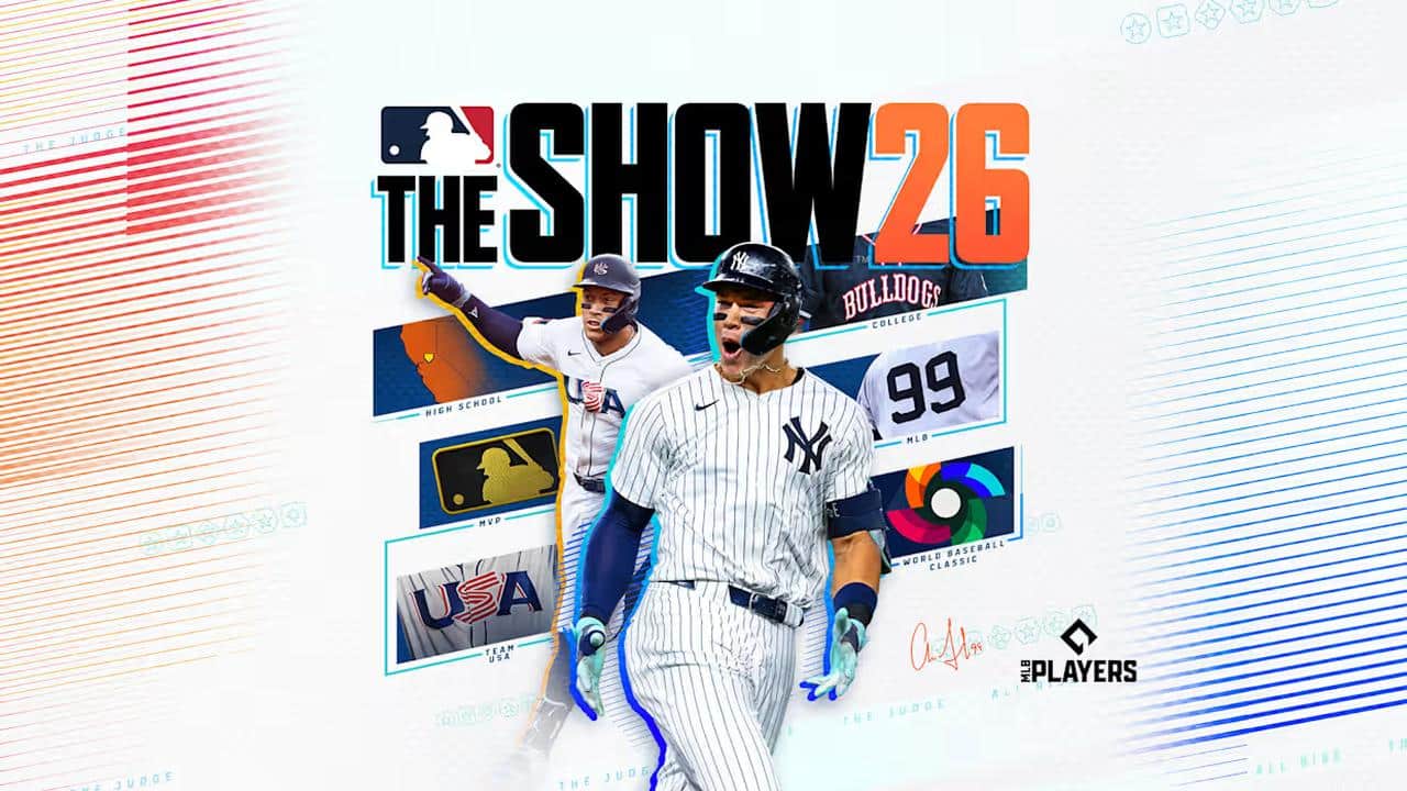 Cover art for MLB The Show 26 video game featuring two baseball players and various team logos. Experience the excitement of MLB The Show 26 as iconic athletes and official logos take center stage on this dynamic cover.