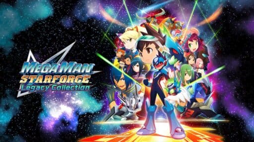 Colorful Mega Man Star Force Legacy Collection artwork features characters in space, the game’s title on the left, and a vibrant star-filled background.