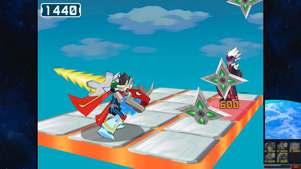 A robotic hero from Mega Man Star Force Legacy Collection battles an armored opponent on a grid, dodging large shuriken with a sword ready.