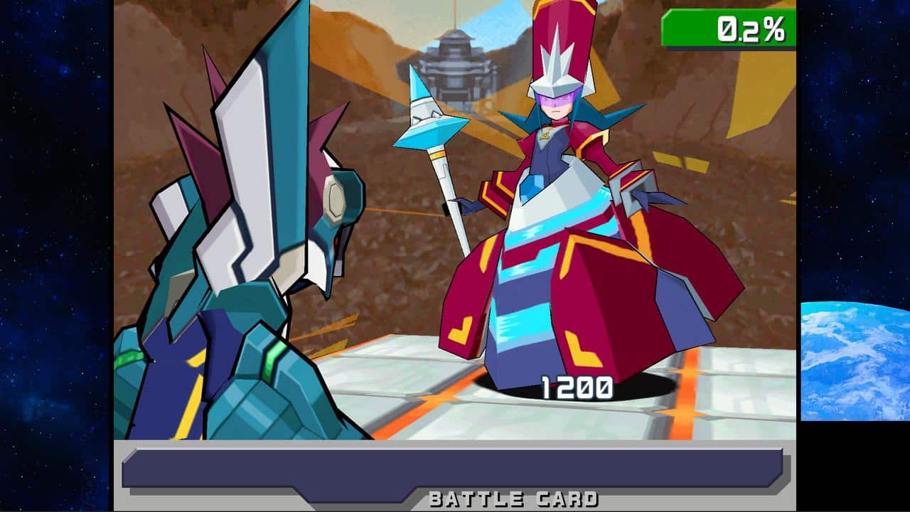 A futuristic knight inspired by Mega Man Star Force Legacy Collection faces a wizard with 1200 HP in a digital battle scene with a "Battle Card" menu.