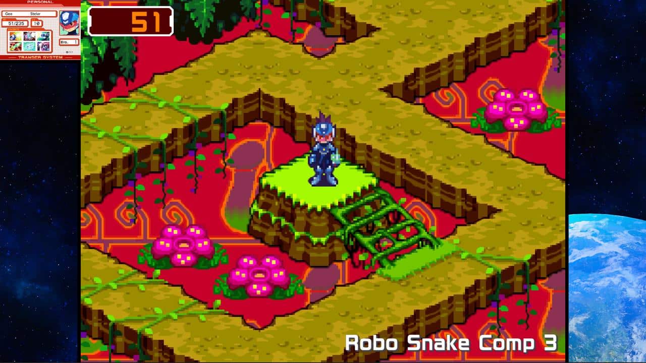 A character stands on a grassy platform in a pixelated, maze-like landscape reminiscent of Mega Man Star Force Legacy Collection, with red ground and pink flowers.