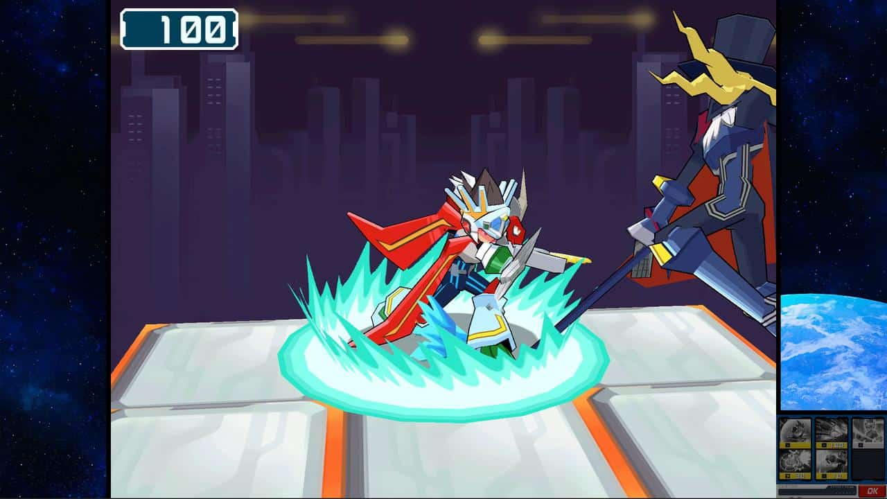 Two robot characters, inspired by Mega Man Star Force Legacy Collection, battle with swords on a futuristic platform, energy effects glowing beneath them.