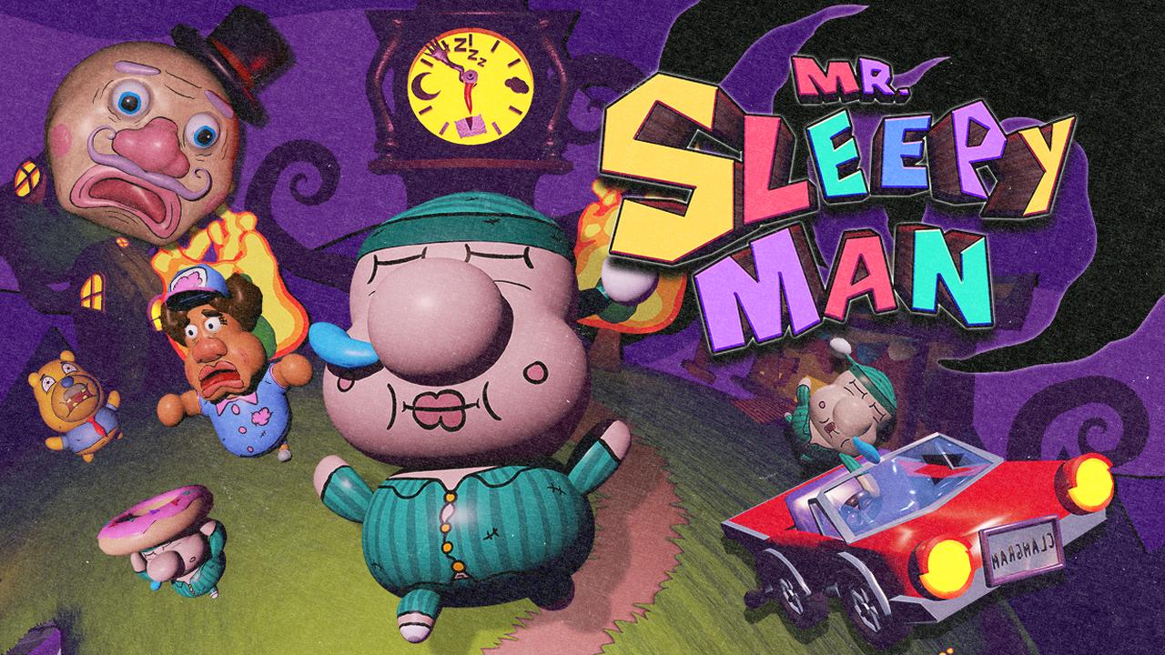 Cartoon man in pajamas, known as Mr. Sleepy Man, sleepwalks while odd characters panic; "Mr. Sleepy Man" title appears in bold, colorful letters.