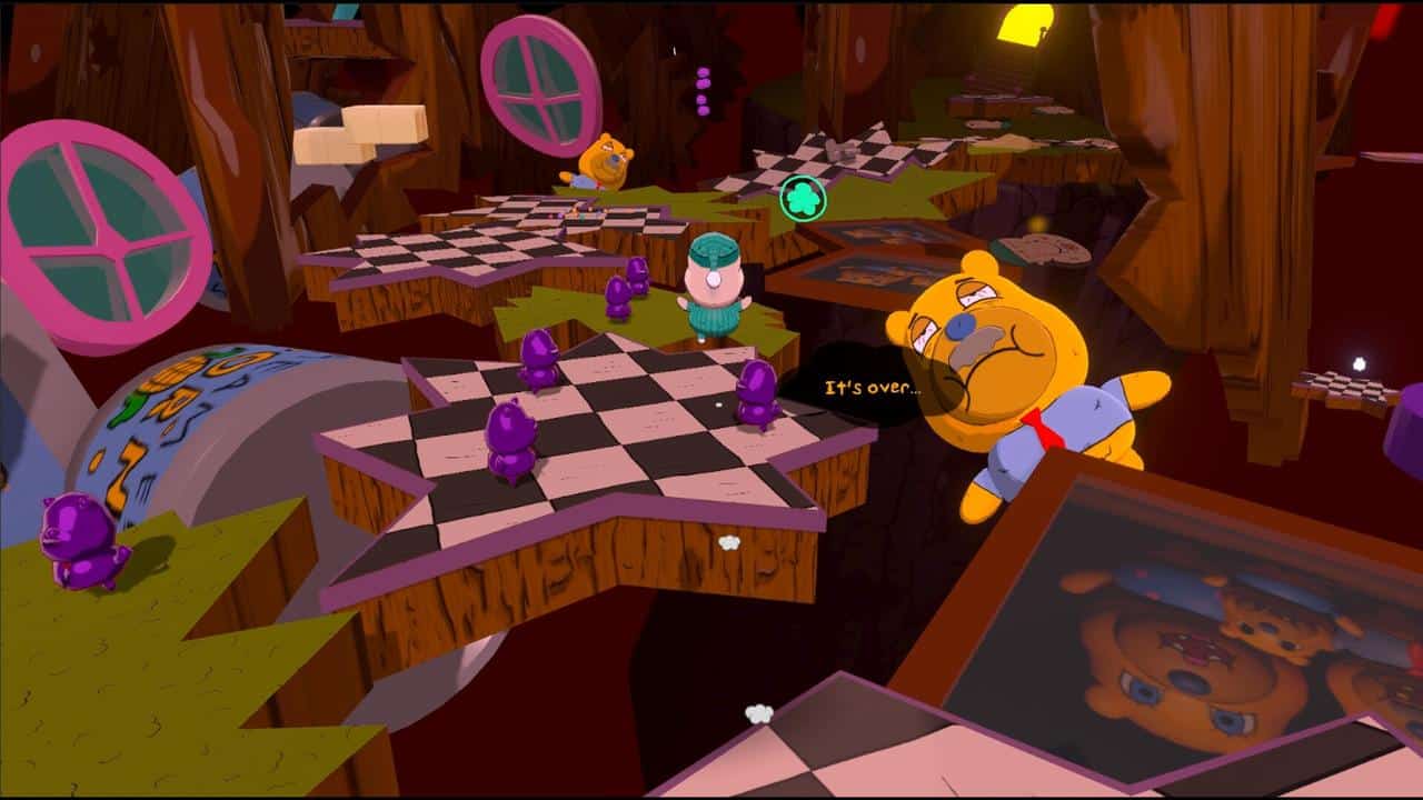 Cartoon characters, including Mr. Sleepy Man, stand on floating platforms with checkered patterns in a colorful, whimsical environment.