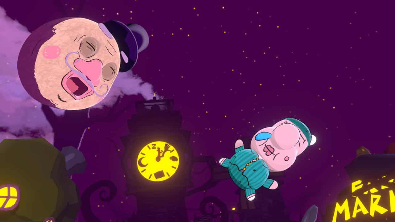 A cartoon moon with a mustache, known as Mr. Sleepy Man, and a pig in pajamas float above a spooky clock tower at night.