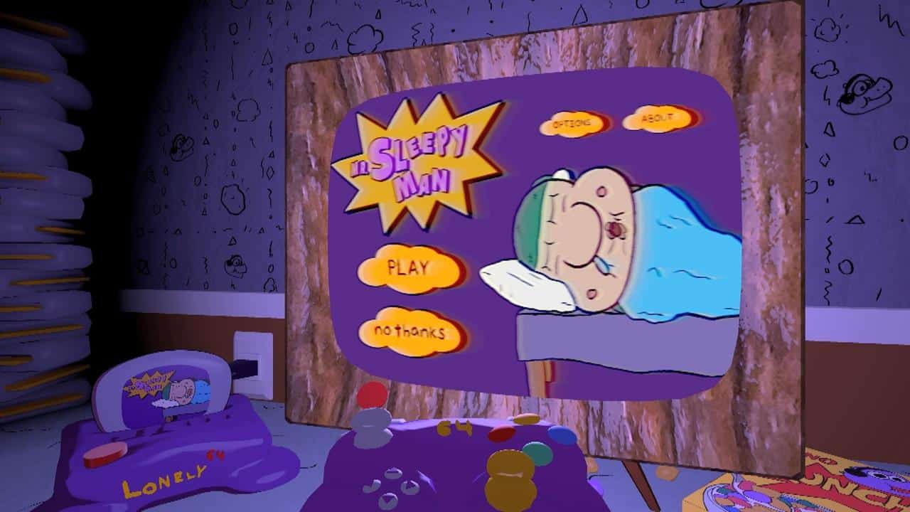 Cartoon game menu on screen featuring Mr. Sleepy Man with a sleepy face, play options, and a bed; colorful, playful room scene.