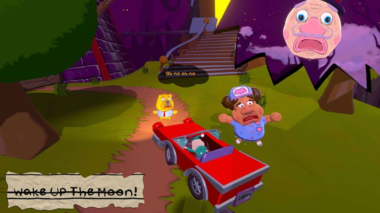 Cartoon characters panic near a red car on a winding path, while Mr. Sleepy Man’s worried moon face looks down from the sky.