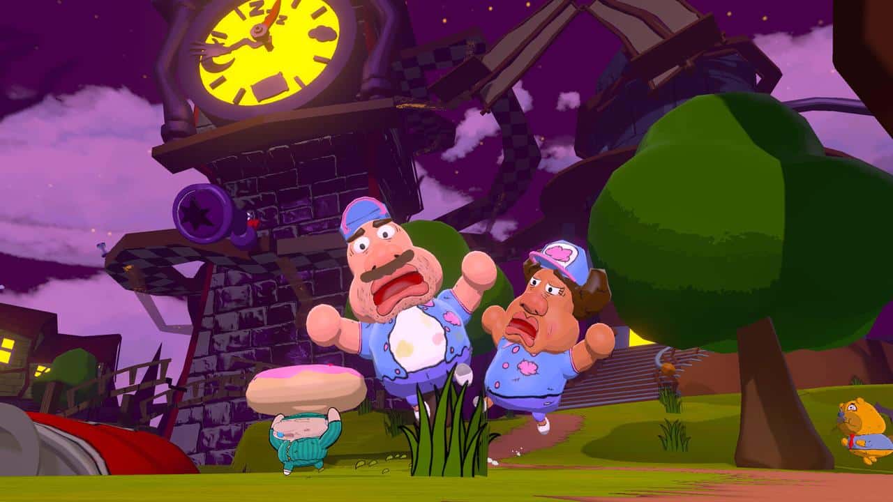 Two cartoonish bakers jump in surprise near a large clock tower at night as Mr. Sleepy Man drifts by in this whimsical, colorful setting.