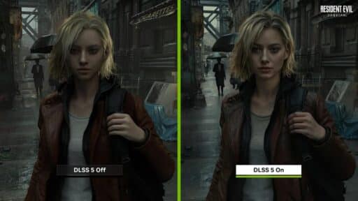 Side-by-side Resident Evil Requiem with "DLSS 5 Off" (left, blurrier) and "NVIDIA DLSS 5 On" (right, showcasing sharper details).
