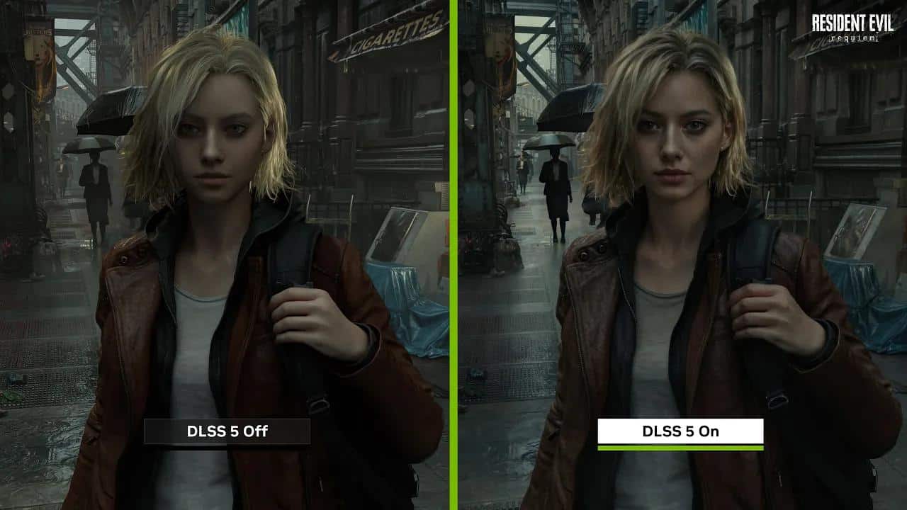Side-by-side Resident Evil Requiem with "DLSS 5 Off" (left, blurrier) and "NVIDIA DLSS 5 On" (right, showcasing sharper details).