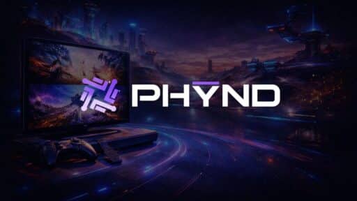 A glowing "PHYND" logo shines alongside a gaming console, controller, and a futuristic city background—perfect for any PHYND VP of Engineering with a passion for innovation and gaming.