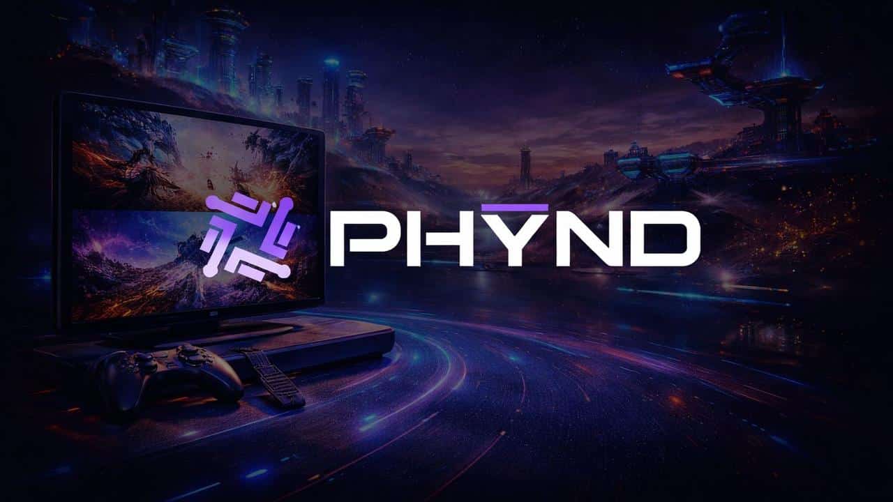 A glowing "PHYND" logo shines alongside a gaming console, controller, and a futuristic city background—perfect for any PHYND VP of Engineering with a passion for innovation and gaming.