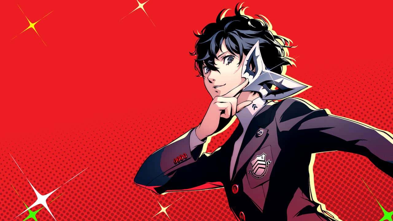 Anime-style character in a black suit holding a white mask to his face against a bright red background.
