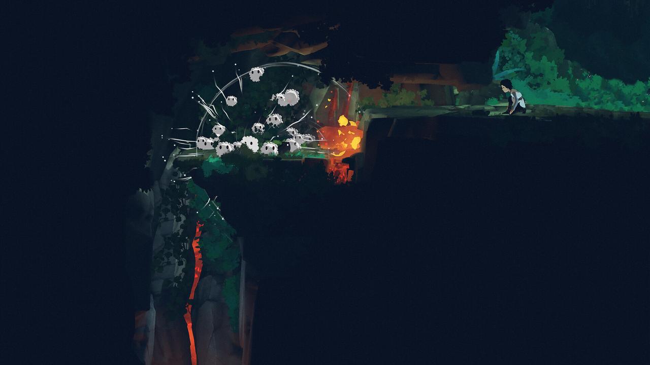 A person kneels at a cliff edge, watching white creatures emerge from a glowing orange and black chasm below, evoking a scene reminiscent of Planet of Lana II: Children of the Leaf.