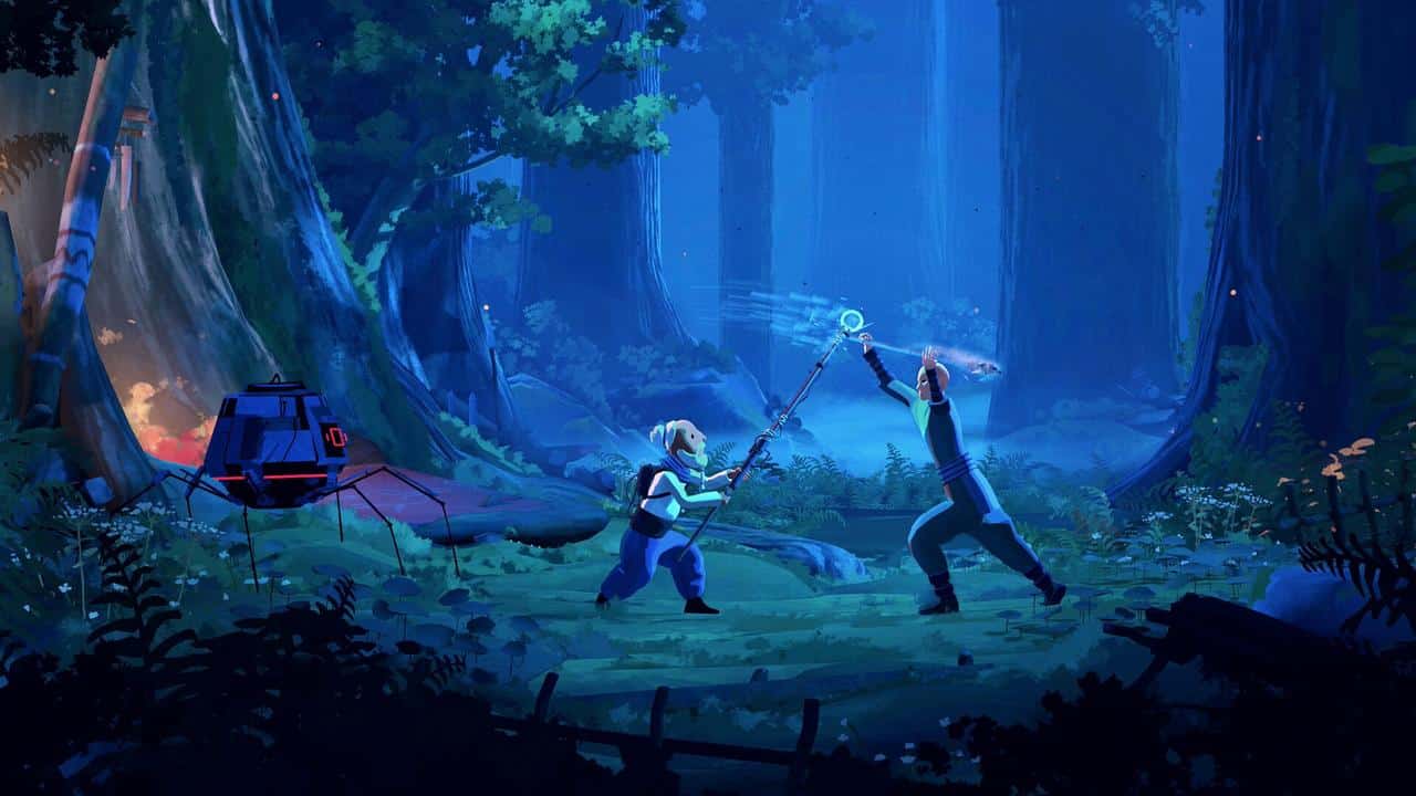 Two figures duel with glowing staffs in a mystical forest, as a spider-like robot observes—an enchanting scene inspired by Planet of Lana II: Children of the Leaf.