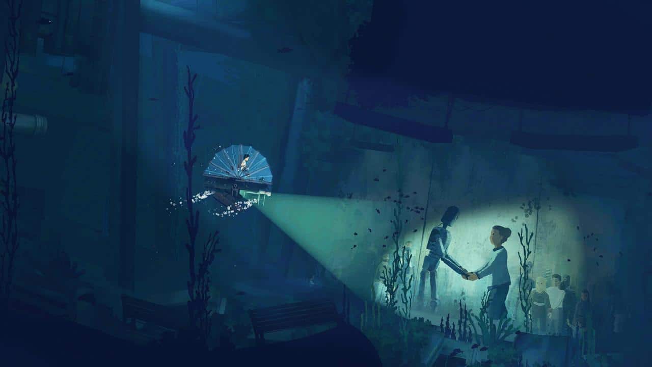 A submarine’s light shines on two people shaking hands underwater in a submerged, overgrown room—echoing the mysterious atmosphere of Planet of Lana II: Children of the Leaf.
