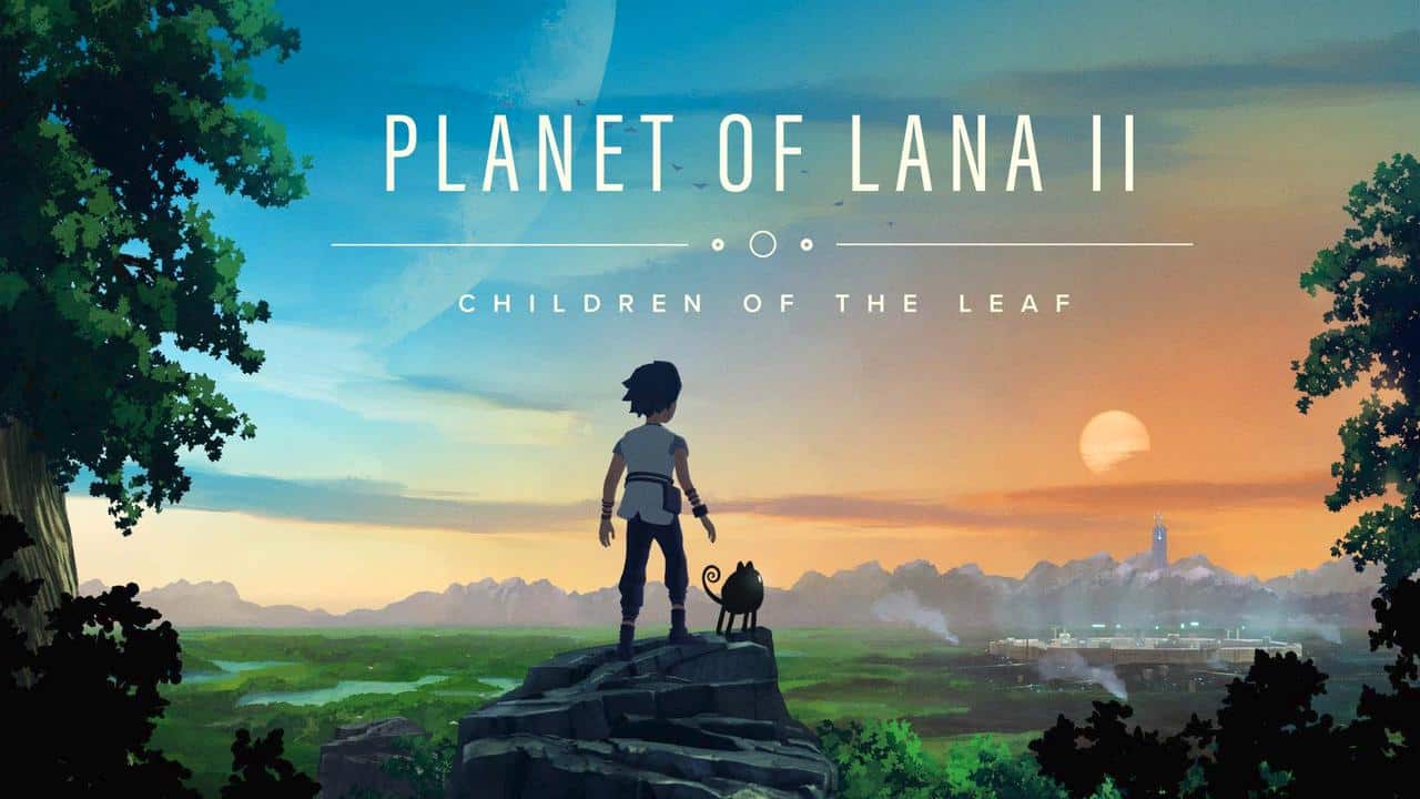 Silhouetted child and cat on a cliff, overlooking a lush landscape at sunset. Text reads "Planet of Lana II: Children of the Leaf.