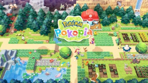 A colorful Pokémon village called Pokémon Pokopia, filled with gardens, trees, and various Pokémon.
