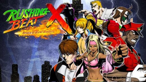 Colorful comic-style poster of six fighters posing amid city buildings for RUSHING BEAT X: Return Of Brawl Brothers, capturing the action-packed energy of the game.