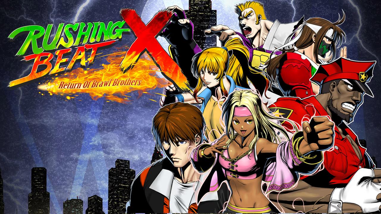 Colorful comic-style poster of six fighters posing amid city buildings for RUSHING BEAT X: Return Of Brawl Brothers, capturing the action-packed energy of the game.