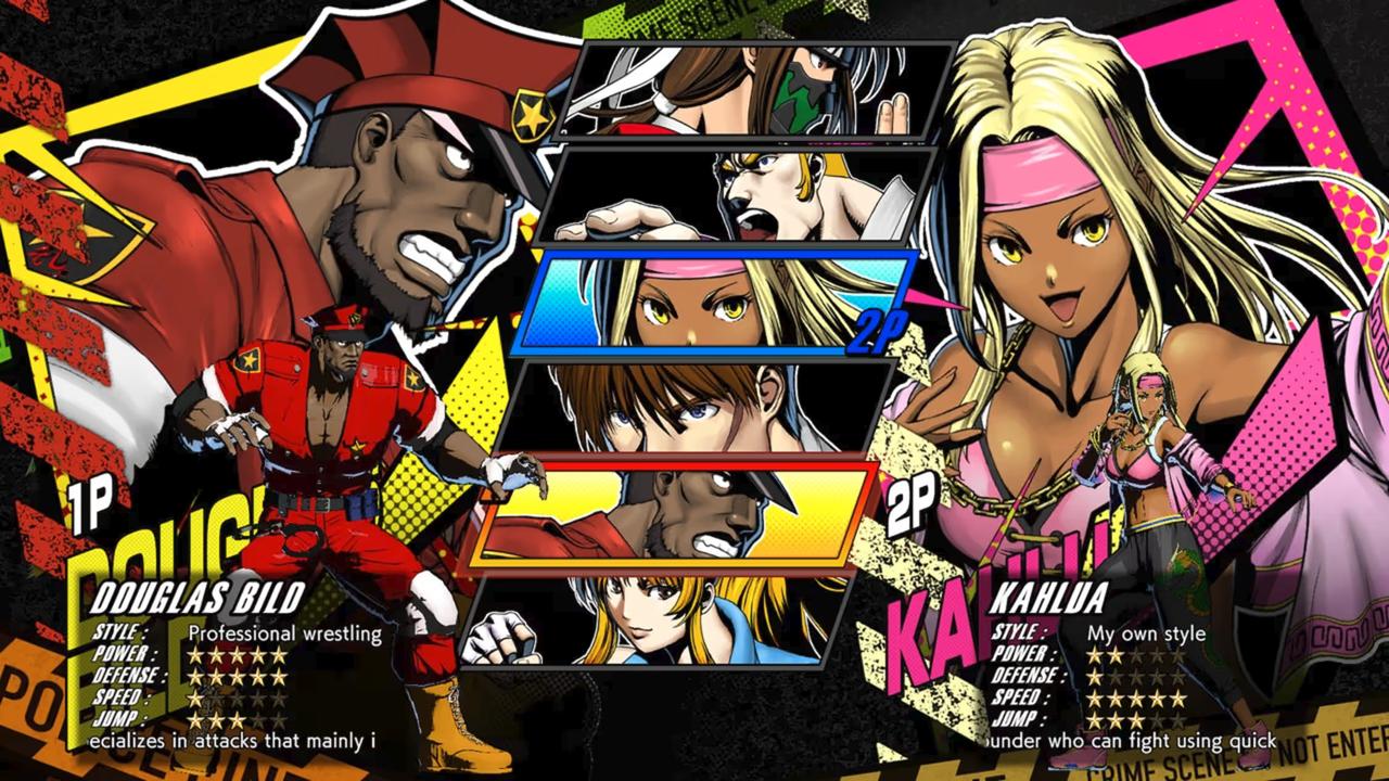 Character select screen from RUSHING BEAT X: Return Of Brawl Brothers, featuring Douglas Bild and Kahlua with vibrant comic-style art.