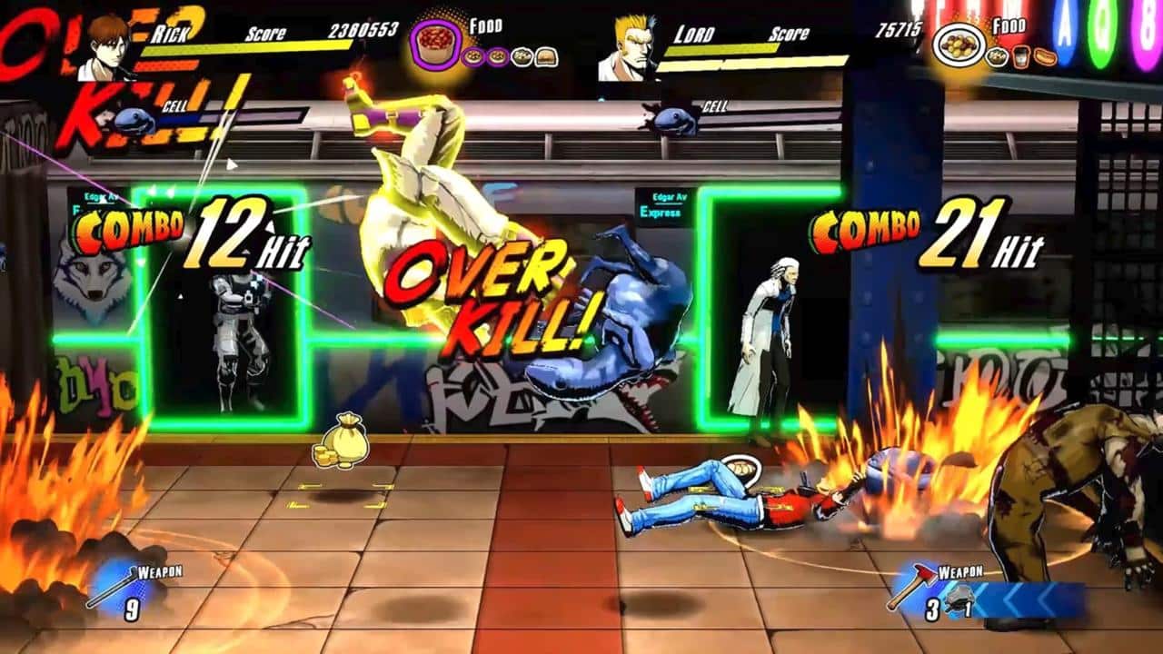 Two characters clash in an arcade-style brawl, unleashing fire, combos, and flashy "OVER KILL!" moments—just like the intense action of RUSHING BEAT X: Return Of Brawl Brothers.
