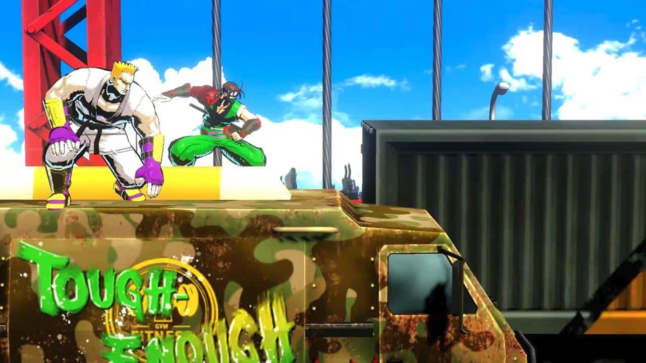 Two colorful fighters pose on a platform above a camo truck reading "Tough Enough" in a bright, cartoon scene from RUSHING BEAT X: Return Of Brawl Brothers.
