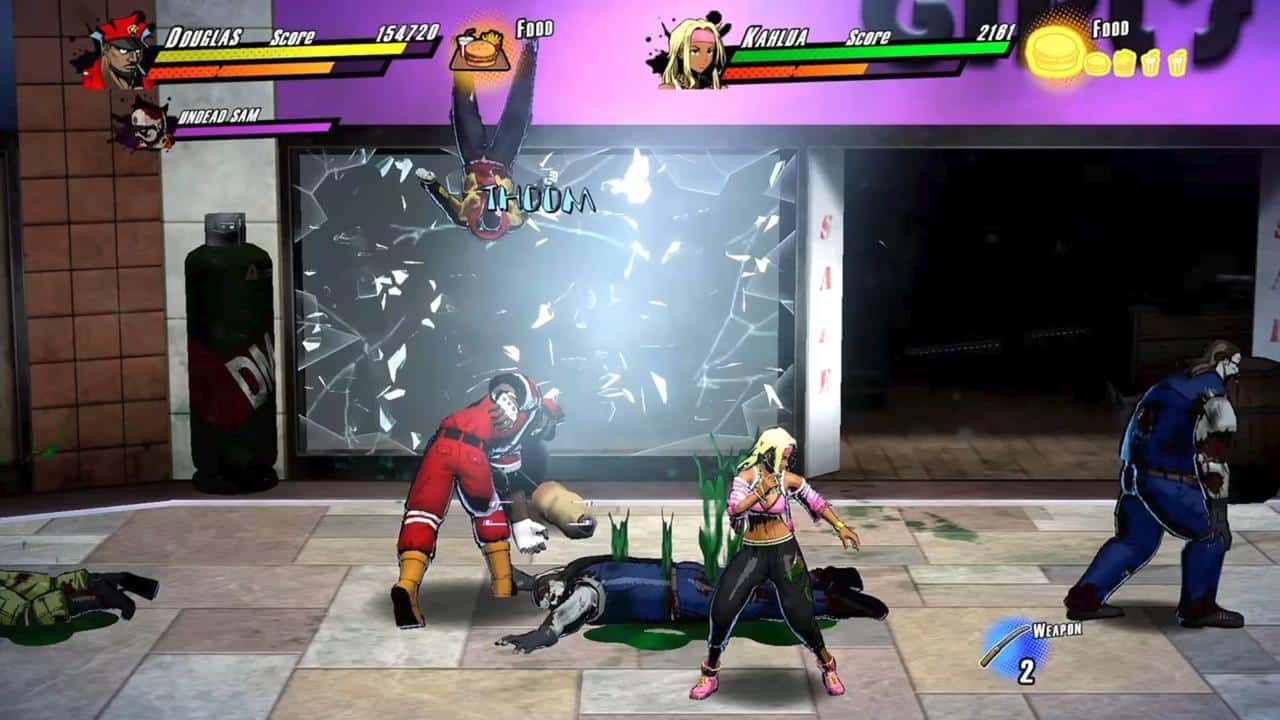 Cartoon-style video game fight scene with four characters in a mall, glass shattering in the background, inspired by RUSHING BEAT X: Return Of Brawl Brothers.