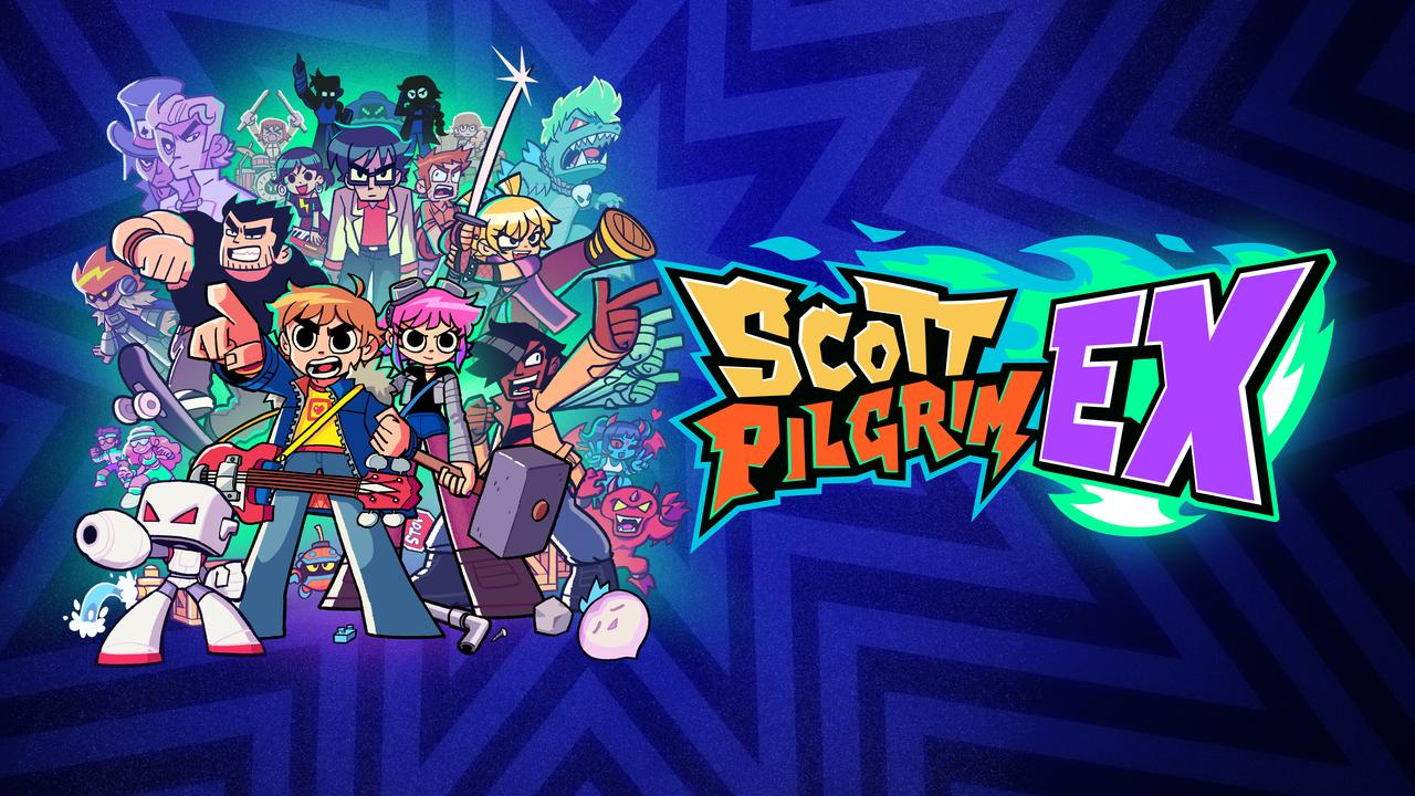 Colorful cartoon characters from Scott Pilgrim EX pose with weapons; the bold "Scott Pilgrim EX" logo pops against a blue starburst background.